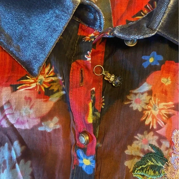 Aratta Silent Journey Women's M Floral Multi Color Trim Velvet Bohemian Top